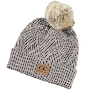 C.C. Exclusive Beanie Womens Taupe criss-cross Cable Knit Faux Fur PomPom Beanie